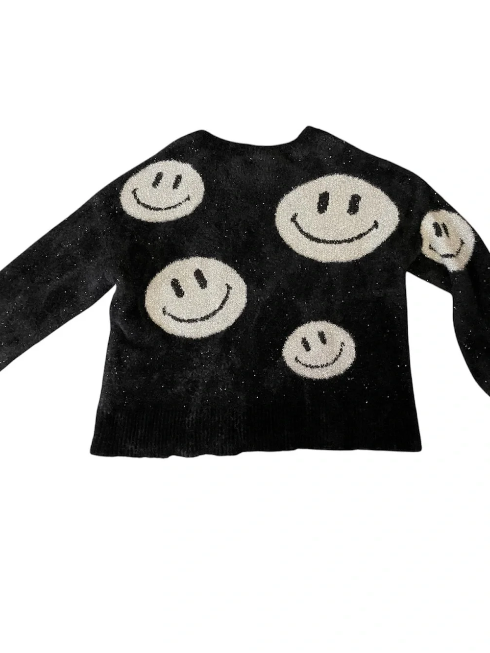 Justice Black Crewneck Sweater with White Smiley Faces